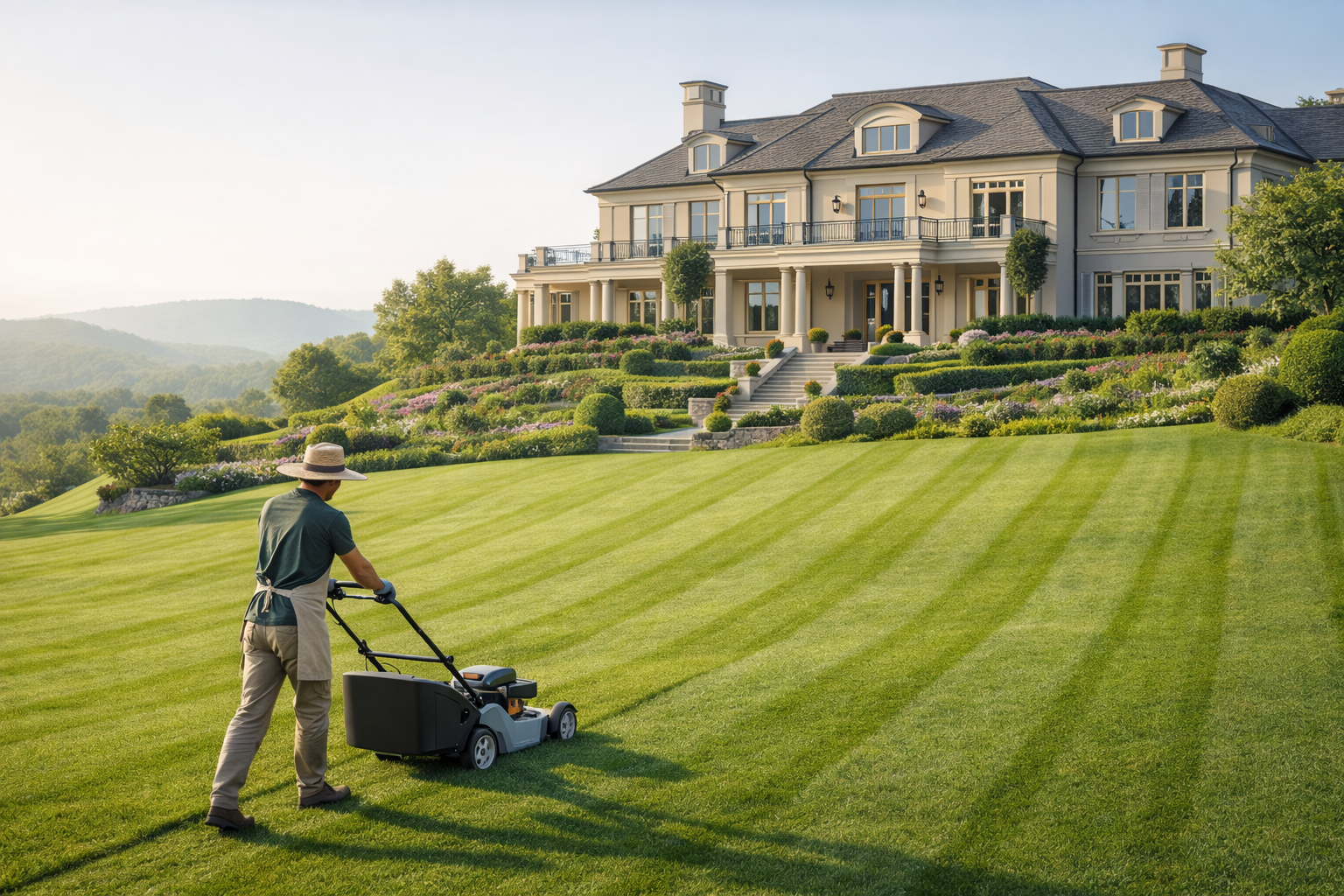 Grand luxury estate with expansive manicured lawn